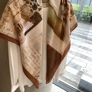 Detailed view of vintage newspaper print square scarf, retro literary style accessory.
