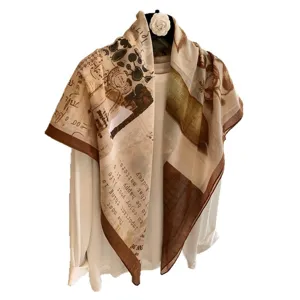 Vintage newspaper print large square scarf soft cotton silk feel women elegant shawl wrap