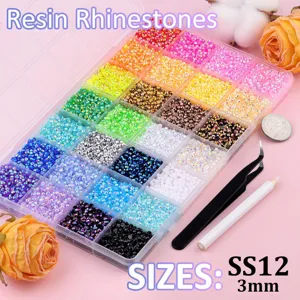 24 Grid Resin Rhinestones Flatback AB Crystals Kit with Tweezers and Pick Up Pen Tools