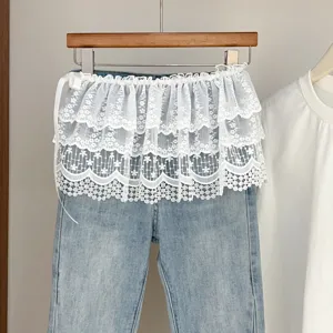 Estensore per Gonna a Balze in Pizzo Bianco da Donna Mezza Gonna Dolce a Strati per Pantaloni di Jeans Decorativa con Laccio