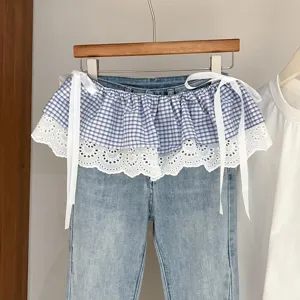 Korean style plaid lace layered waist skirt extender detachable blue denim pants detail