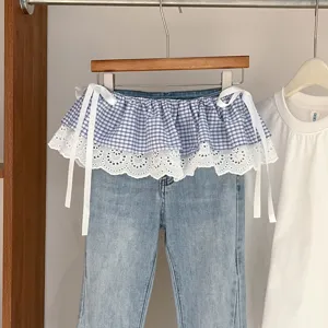 Korean style plaid lace layered denim pants fake skirt waist wrap trendy women spring summer
