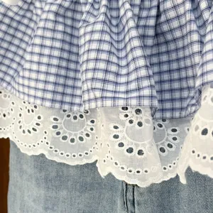Plaid ruffle layered skirt detail, white eyelet lace trim, Korean fashion spring summer style.