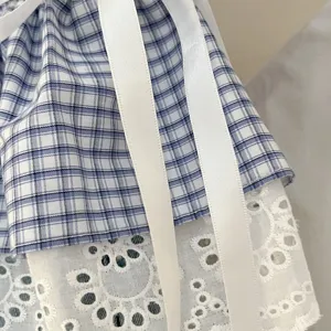 Korean style plaid lace layering skirt detail shot, sweet summer half skirt with ribbon.
