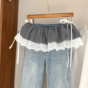 Korean style women summer layering denim jeans with black white plaid lace ruffled skirt curtain