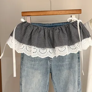 Women checkered lace waist extender layered fake skirt with blue denim jeans stylish streetwear