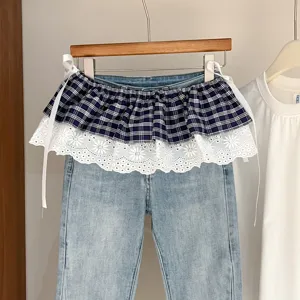 Korean style denim jeans with plaid lace layered ruffle skirt fake two piece waist tie pants