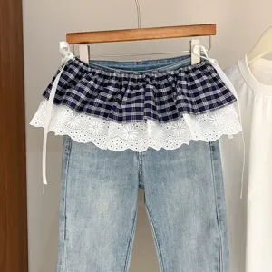 Korean style denim pants with plaid and lace layered ruffle waist skirt straps detail