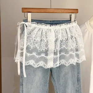 Extensor de Falda de Encaje Floral Sexy para Mujer Falsa Dos Piezas Minifalda con Volantes Accesorio Dulce para Vaqueros