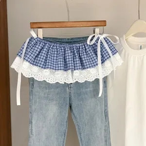 Blue plaid lace denim skirt fake two-piece layering skirt with nice waist ribbon chic