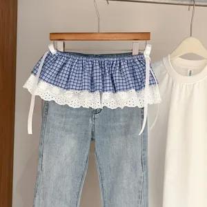 Korean style plaid lace waist extender skirt layered with denim jeans, cute spring summer look.
