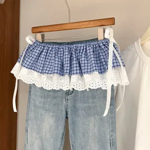 Korean style plaid lace layered skirt fake two piece denim jeans with strap waist design