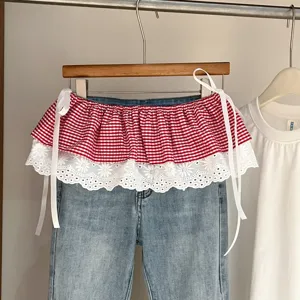 Red and white plaid lace skirt extender layering waist accessory detailed view garment