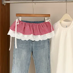 Korean style red gingham ruffle lace layering waist skirt with jeans, chic hip cover skirt.