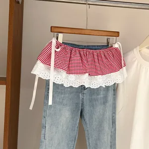 Red plaid lace fake skirt overlay waist extender layered design for women detail view