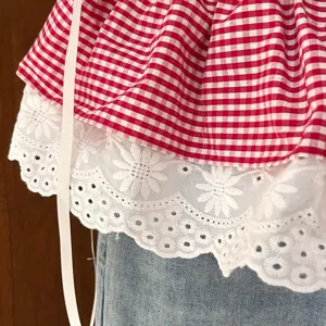 Red white gingham lace skirt extender detail, sweet layered skirt trim with ribbons.