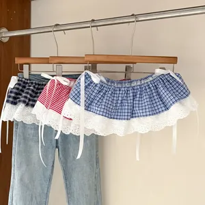 Korean style plaid lace layering mini skirt women spring summer adjustable waist skirt