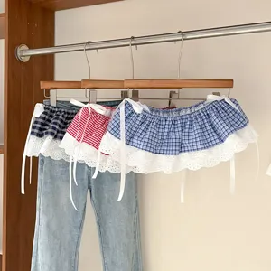 Korean style plaid lace layering skirt extender, cute bow tie fake two-piece waist ruffles.