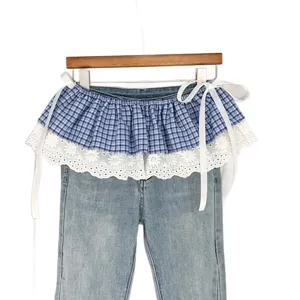 Korean style layered denim jeans with blue plaid ruffle lace trim and side tie bow fashion.