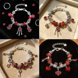 Damen DIY Charm Armband Rot Strass Herz Perlen Versilbert Mode Süß Schmuck Romantisches Valentinstag Geschenk Für Mädchen