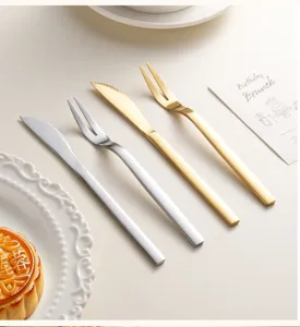 Stainless steel dessert knife and fork set golden silver cutlery cake fruit fork home hotel use