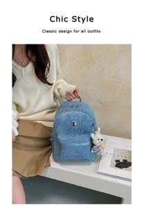 Chic denim backpack with cute bear pendant, casual travel stylish student bookbag for women.