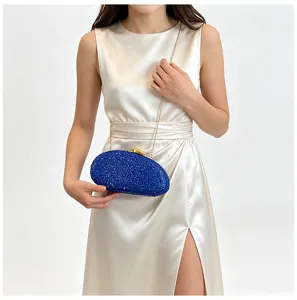 Luxueuse Pochette de Soirée Bleu Strass avec Chaîne Sac à Bandoulière pour Fête et Soirée