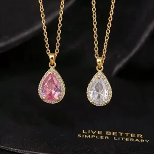 Water Drop Zirconia Pendant Necklace Copper Gold Plated Pear Shape Sparkling Gemstone Jewelry For Women Daily Wear Accessory