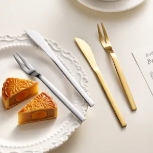 Modern Minimalist 410 Stainless Steel Dessert Fruit Fork And Mooncake Knife Mirror Polished Gold Silver Cutlery For Hotel Home Birthday Cake Afternoon Tea