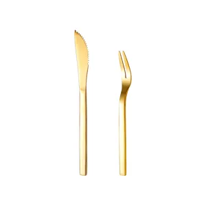 Gold stainless steel dessert knife and fork set for home and hotel table flatware use.