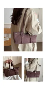 Braune Wildleder Umhängetasche Detailansicht mit Metall Schnallen, eleganter Stil.