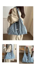 Bolso de hombro de pana azul con estampado de estrellas negras, bolso casual detalle.