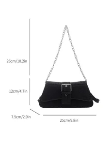 Black leopard texture chain shoulder bag underarm baguette bag with metallic buckle and dimensions.