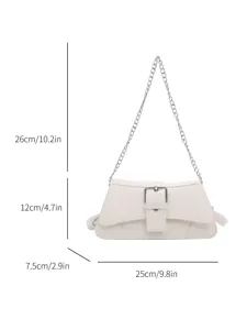 Chic white baguette shoulder bag with chain strap and stylish front buckle design for women.