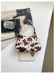 Borsa a tracolla retrò con stampa mucca da donna, elegante borsa ascellare autunnale.