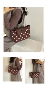 Brown polka dot corduroy shoulder tote bag with flap, stylish detail view for women daily use.