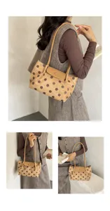 Chic polka dot shoulder bag for women, elegant brown tote handbag with flap closure and slim strap.