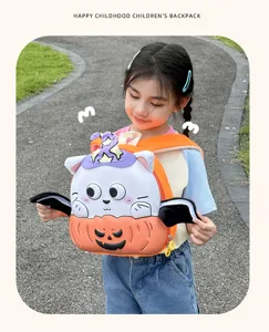 Cute Halloween pumpkin cat EVA shell kids backpack for boys and girls, fun cartoon school bag.