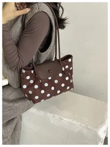 Chic brown polka dot shoulder tote bag with elegant flap design, perfect for daily style.