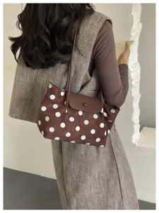 Brown polka dot shoulder bag, casual suede tote handbag with flap, stylish daily design.