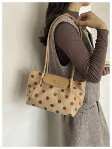 Brown polka dot shoulder bag for women, stylish vintage tote bag with PU leather straps.
