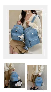 Casual denim backpack for women stylish travel daypack with cute bear pendant and spacious compartments
