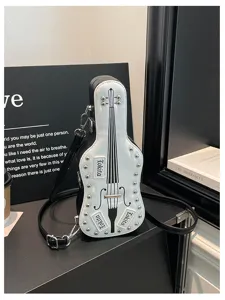 Guitar shape crossbody bag with studs, unique black and white Y2K fashion shoulder bag detail.