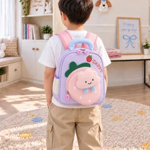 Detailed view of the cute purple strawberry cloud backpack in a cozy children room setting.