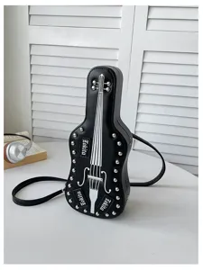 Detailed closeup of black guitar shape crossbody bag, punk rivet decor and violin design.
