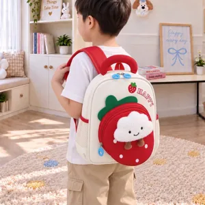 Cute strawberry cloud kids school bag detail view, showcasing comfortable straps and cartoon.