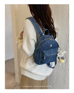 Stylish denim backpack for women casual mini school bag with cute pendant and front pocket