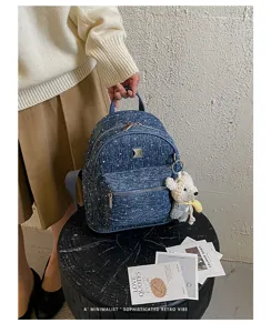 Blue denim backpack with cute bear pendant retro casual travel school bag for women