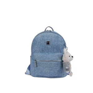 Blue denim backpack for women stylish school bag with cute bear pendant and rhinestones.
