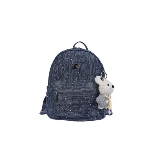 Detail view of dark blue tweed texture mini backpack with cute knitted bear pendant and pocket.